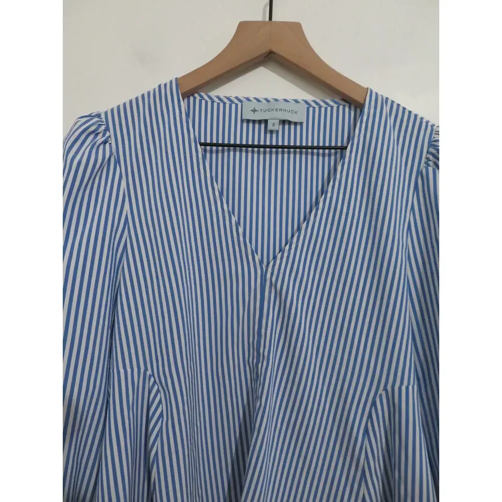 Tuckernuck Sz S Blue White Striped Easton Striped V Neck Blouse Long Puff Sleeve